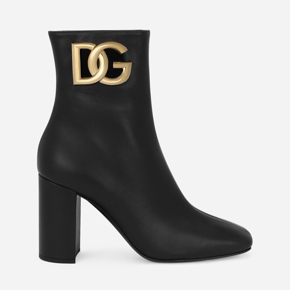 Dolce and Gabbana Gold Logo Black Nappa leather ankle boots